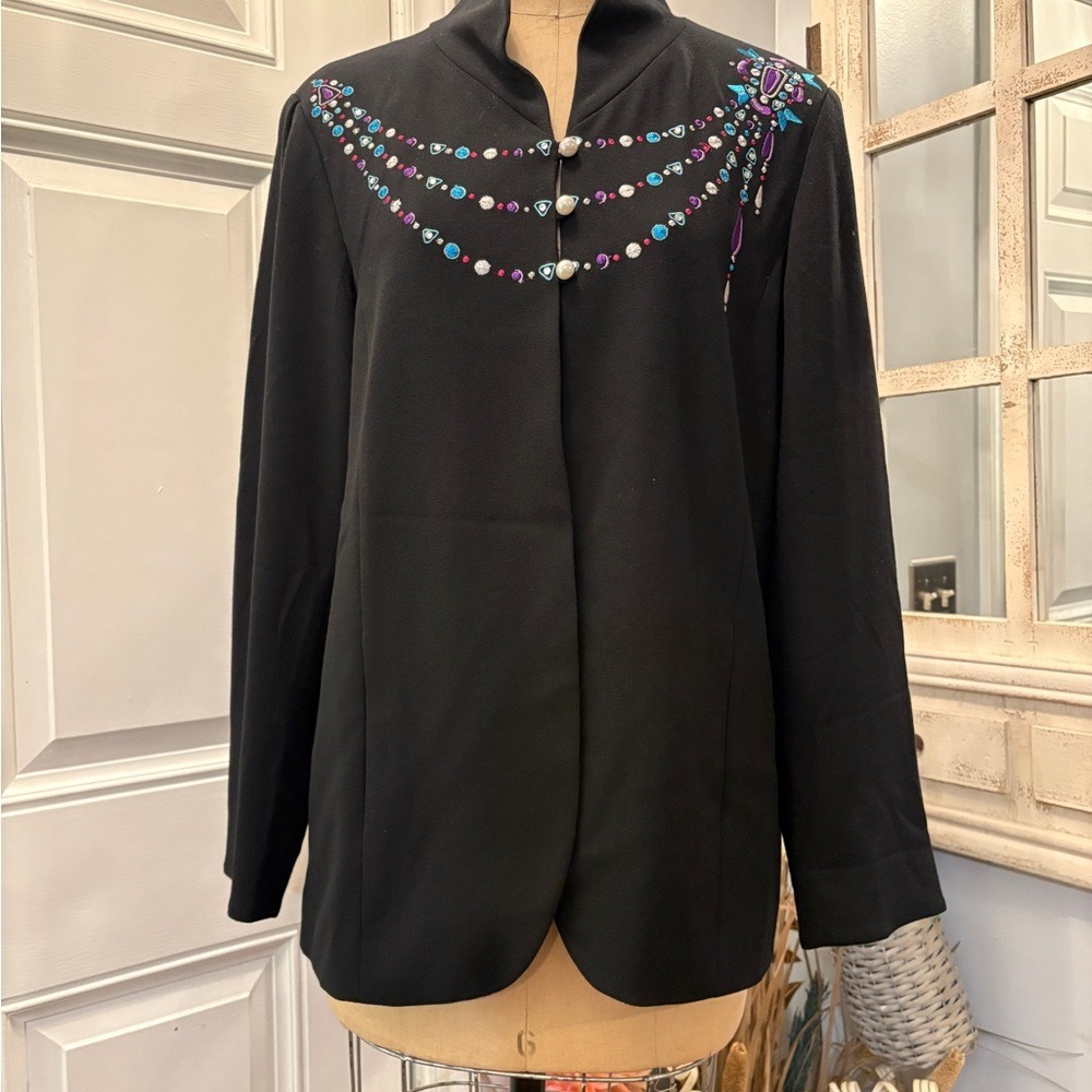 Bob Mackie Wearable Art Black Embroidered Beaded Blazer Jacket Pearl Buttons M